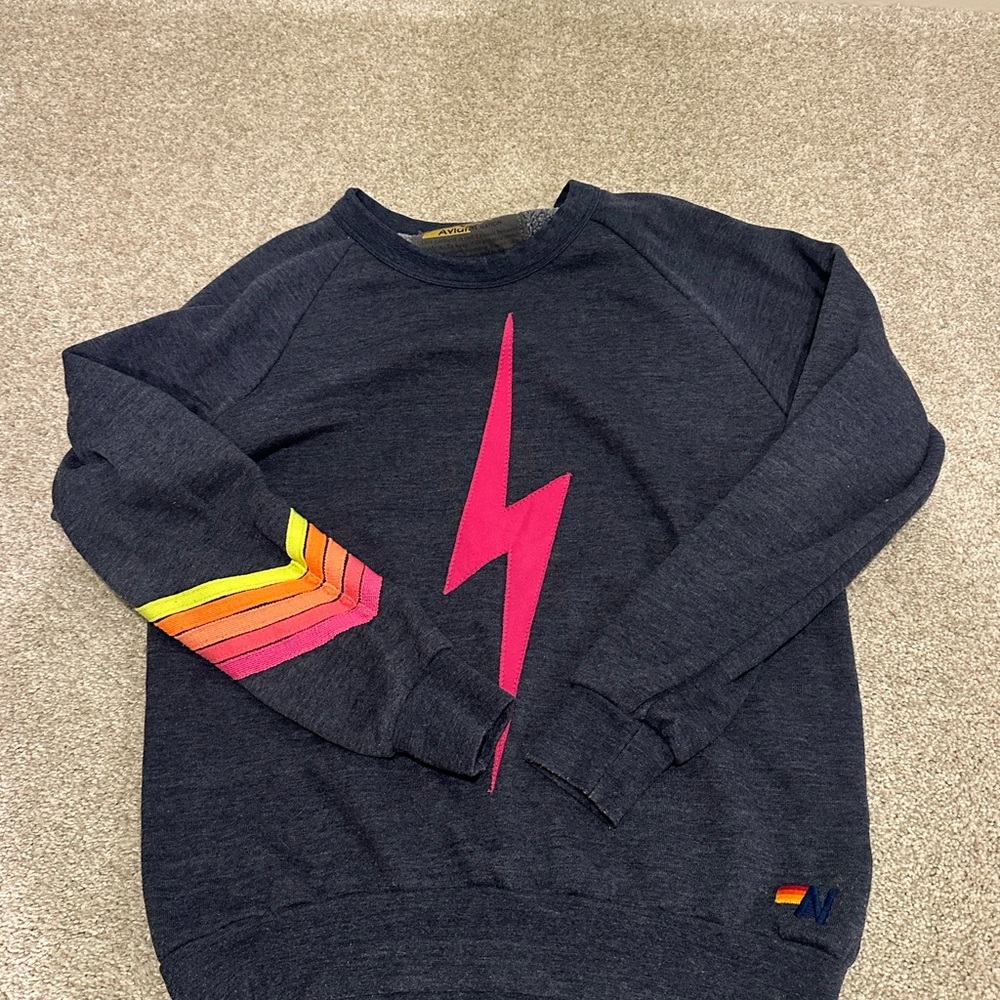 Navy Aviator Nation Crewneck with Pink Lightning Bolt
